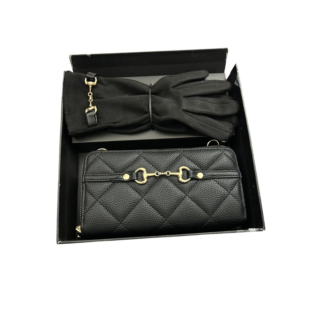 Laundry by Shelli Segal Wallet and Gloves Set Womens OS Black NEW Quilted‎ Gold